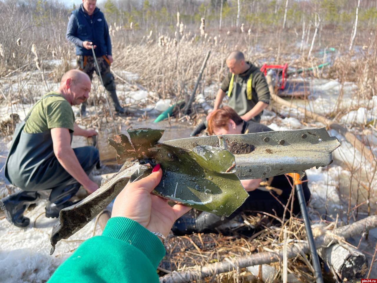 Фрагменты самолета Пе-2 начали поднимать из болота в Псковской области.  ФОТО : Псковская Лента Новостей / ПЛН