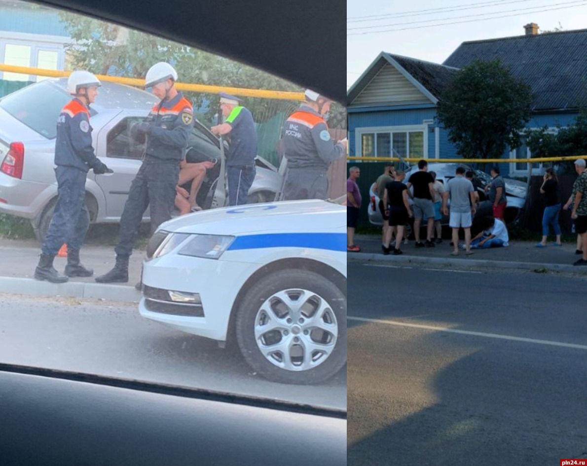 Женщина в нижнем белье за рулем автомобиля протаранила забор в Пскове. ФОТО  : Псковская Лента Новостей / ПЛН