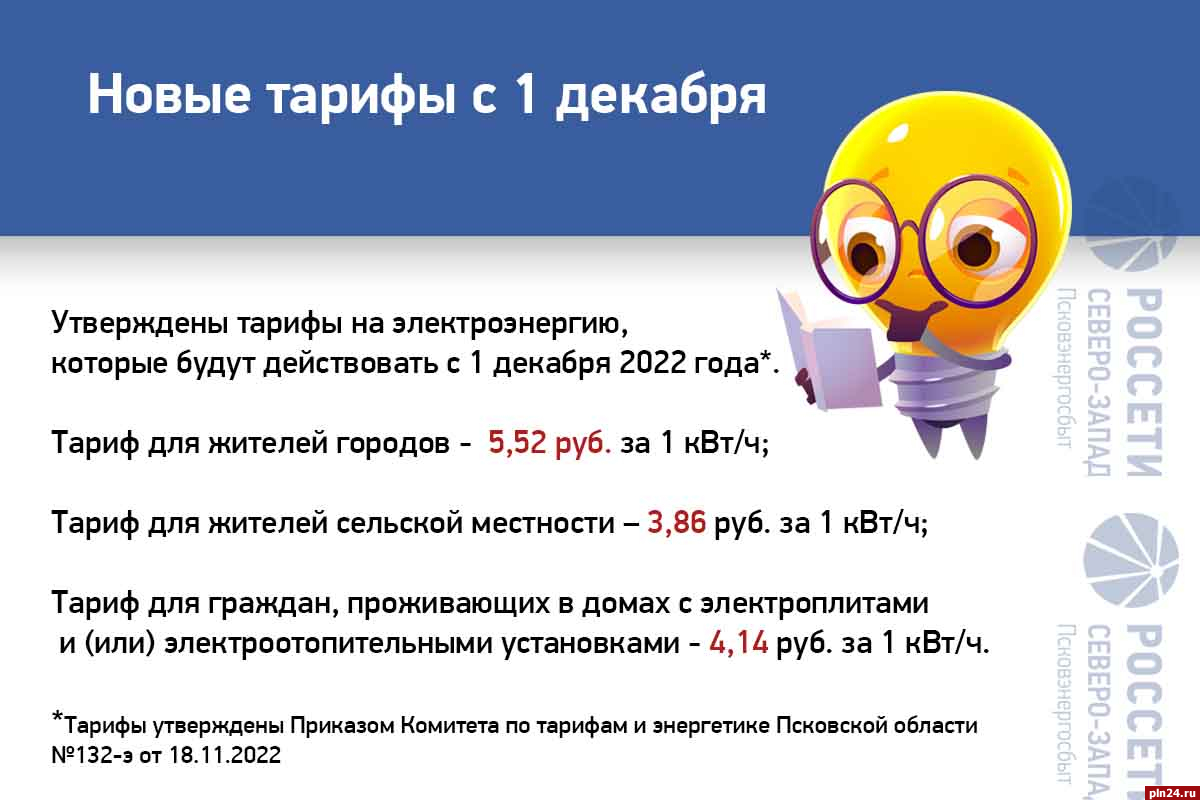 Тарифы на электроэнергию в Пскове и Псковской области