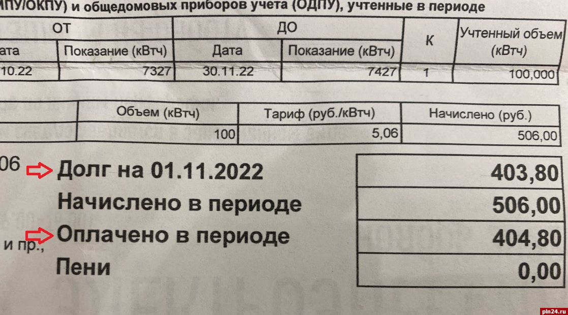 Псковэнергосбыт показания. «Псковэнергосбыт» разъяснил, что означает слово «долг» в счёте.