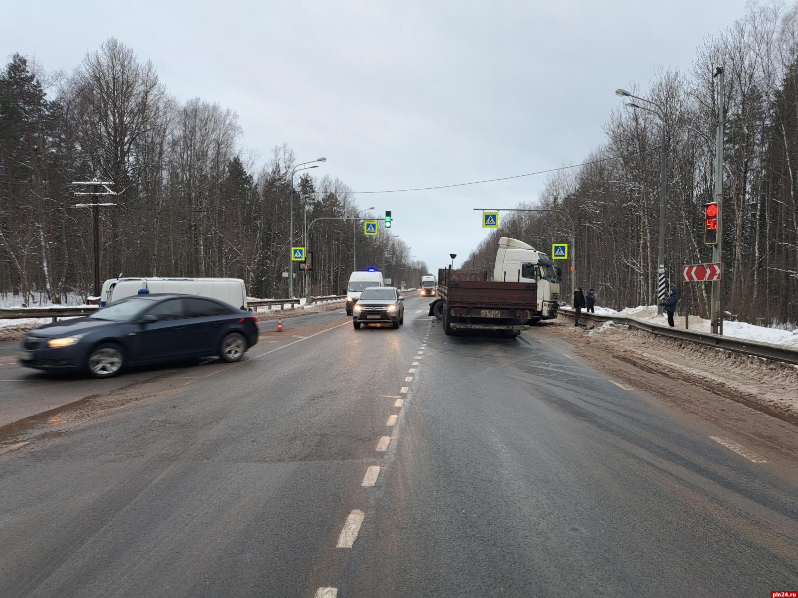 Полицейский автомобиль перевернулся на дороге в Псковском районе. ФОТО :  Псковская Лента Новостей / ПЛН